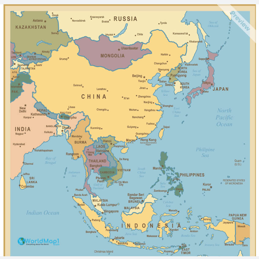 South East Asia and Taiwan Administrative Map